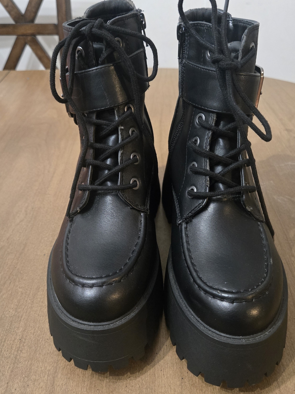 Soda Black Chunky Lug Lace-Up Ankle Boots with Buckle - Picture 7 of 16